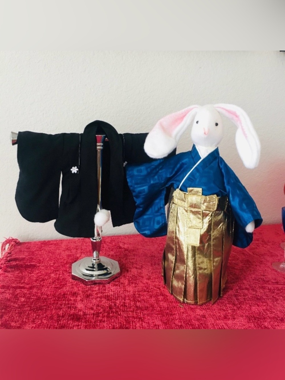 Handmade Japan Male Rabbit Blue Silk Kimono Bottle Top Decor Contemporary Retro
